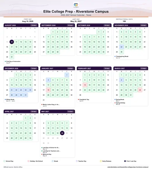 Elite College Prep - Riverstone Campus 2026–2027 printable school calendar — every month on one sheet