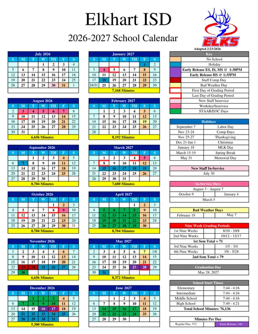 Elkhart ISD 2026–2027 Academic Calendar