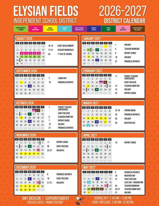 Elysian Fields ISD 2026–2027 Academic Calendar Page 1