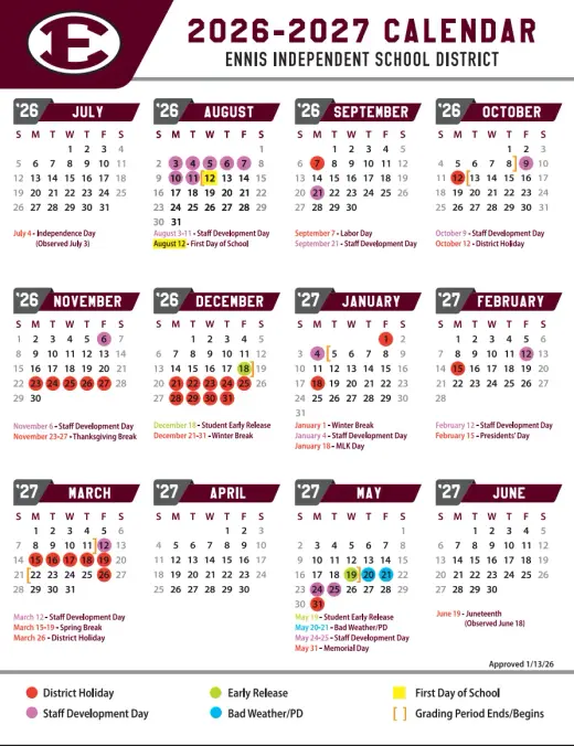Ennis Independent School District 2026–2027 Academic Calendar Page 1