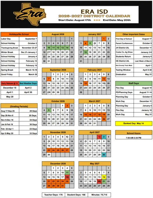 Era ISD 2026–2027 Academic Calendar Page 1