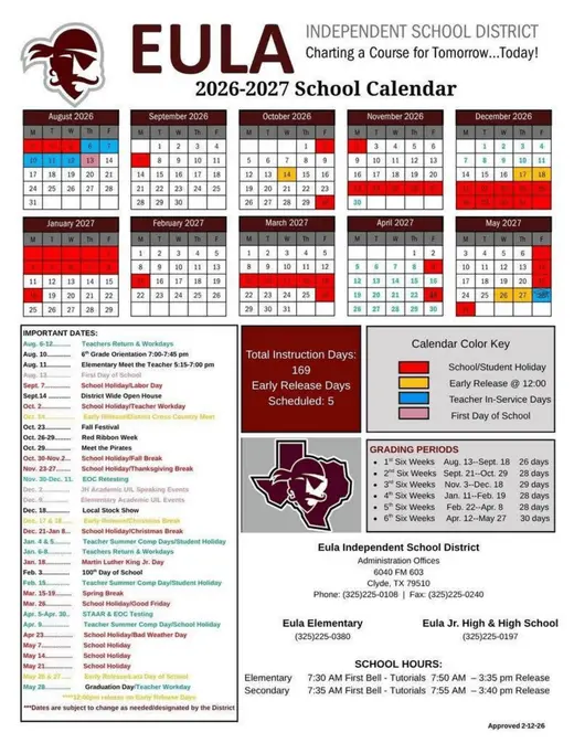 Eula Independent School District 2026–2027 Academic Calendar Page 1