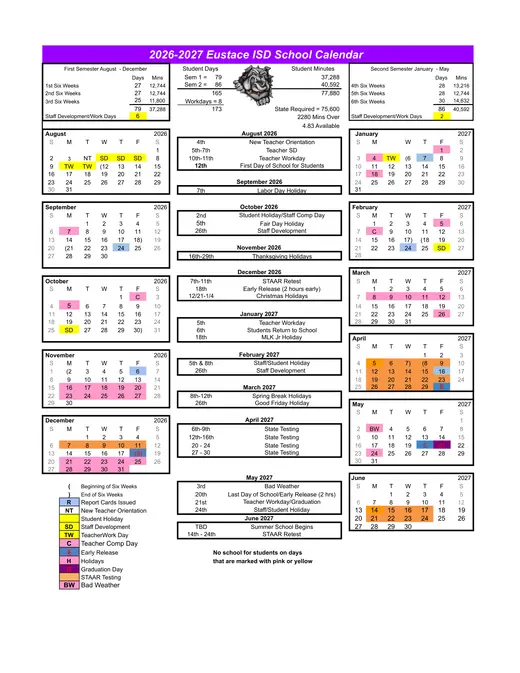Eustace ISD 2026–2027 Academic Calendar