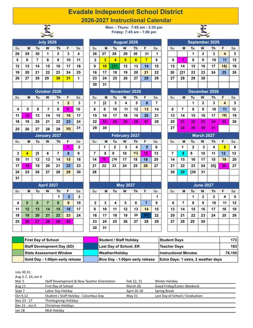 Evadale Independent School District 2026–2027 Academic Calendar Page 1
