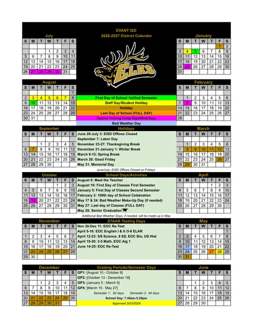 Evant ISD 2026–2027 Academic Calendar Page 1