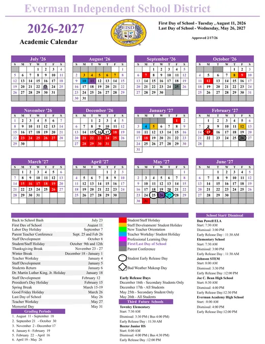 Everman Independent School District 2026–2027 Academic Calendar