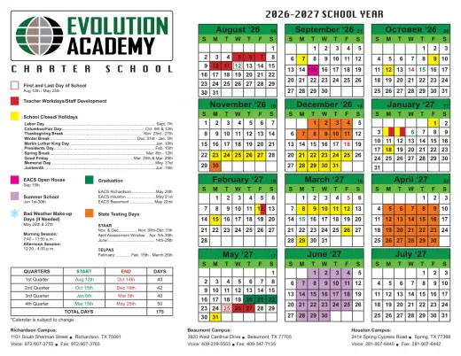 Evolution Academy Charter School 2026–2027 Academic Calendar Page 1