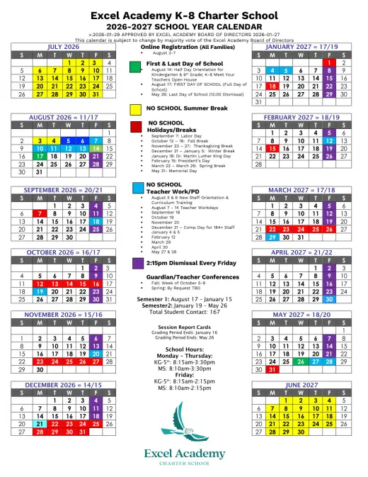 Excel Academy 2026–2027 Academic Calendar Page 1