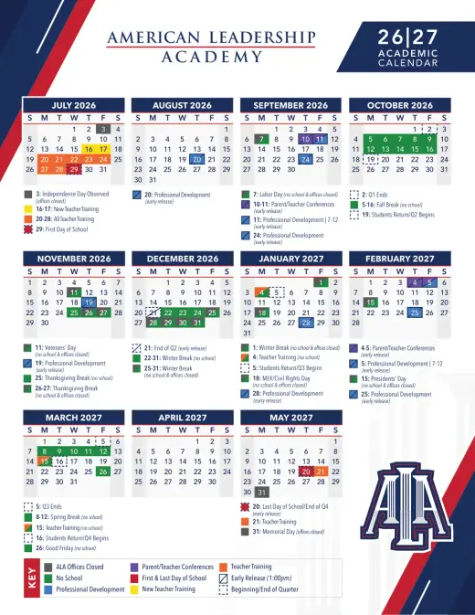 Excellence in Leadership Academy 2026–2027 Academic Calendar Page 1
