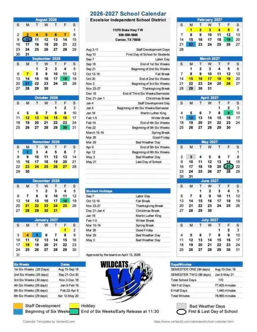 Excelsior ISD 2026–2027 Academic Calendar Page 1