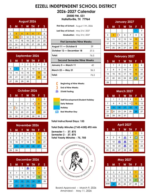 Ezzell ISD 2026–2027 Academic Calendar Page 1