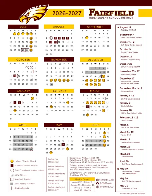 Fairfield Independent School District 2026–2027 Academic Calendar