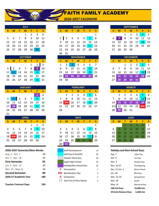 Faith Family Academy 2026–2027 Academic Calendar