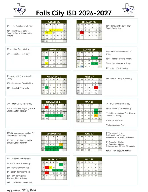 Falls City ISD 2026–2027 Academic Calendar Page 1