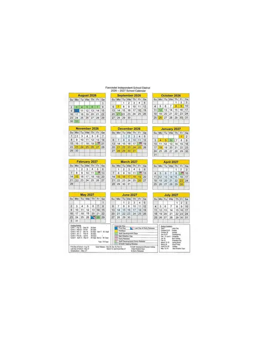 Fannindel ISD 2026–2027 Academic Calendar Page 1