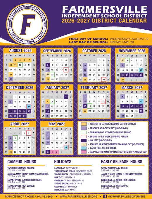 Farmersville Independent School District 2026–2027 Academic Calendar Page 1