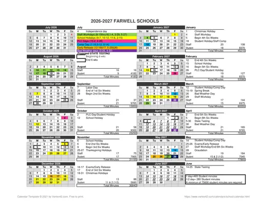 Farwell Schools 2026–2027 Academic Calendar Page 1
