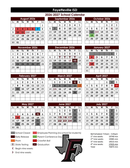 Fayetteville ISD 2026–2027 Academic Calendar Page 1