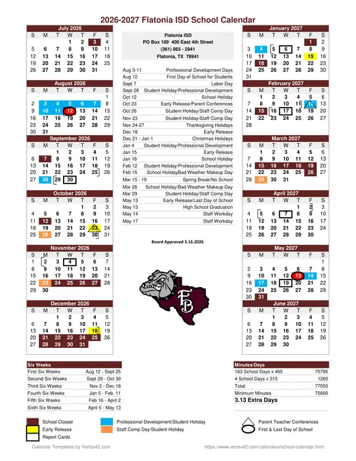 Flatonia ISD 2026–2027 Academic Calendar Page 1