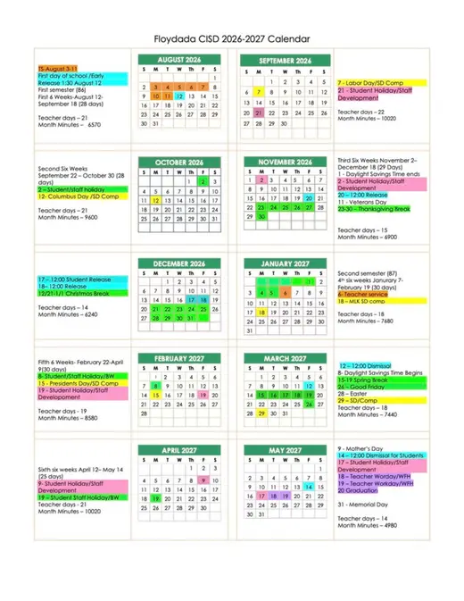 Floydada CISD 2026–2027 Academic Calendar Page 1
