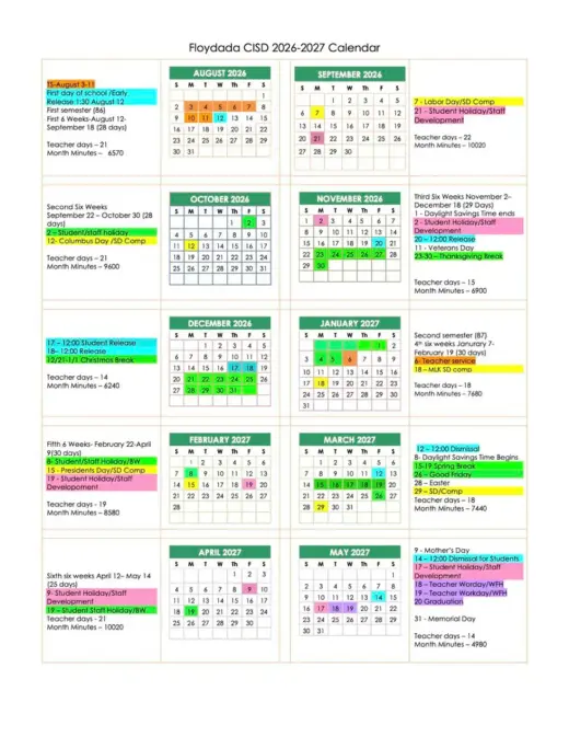 Floydada Collegiate ISD 2026–2027 Academic Calendar Page 1