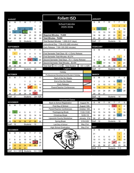 Follett ISD 2025–2026 Academic Calendar Page 1