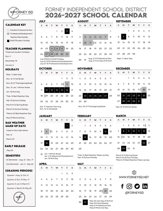 Forney Independent School District 2026–2027 Academic Calendar