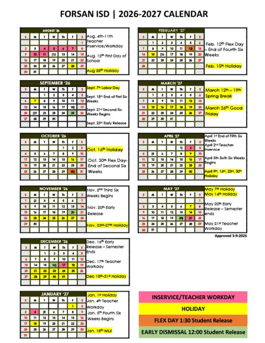 Forsan ISD 2026–2027 Academic Calendar Page 1