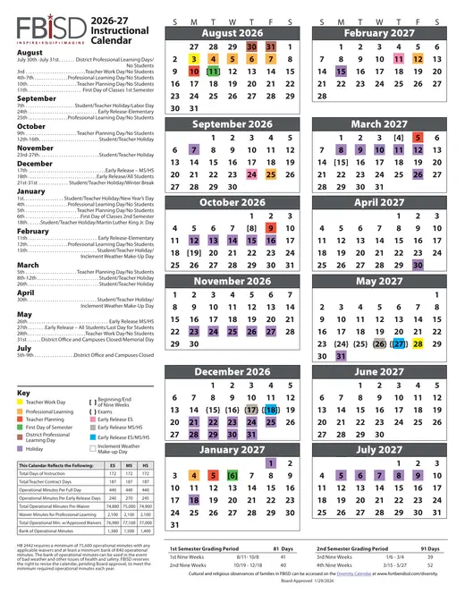 Fort Bend Independent School District 2026–2027 Academic Calendar