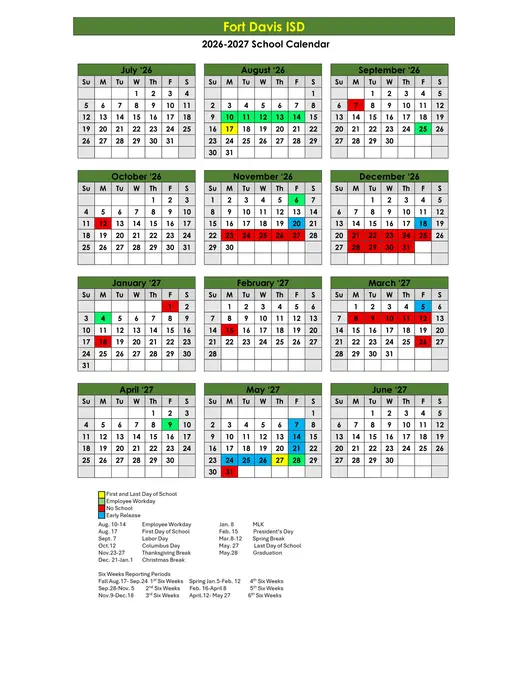 Fort Davis ISD 2026–2027 Academic Calendar Page 1