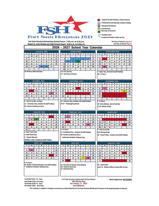 Fort Sam Houston ISD 2026–2027 Academic Calendar Page 1