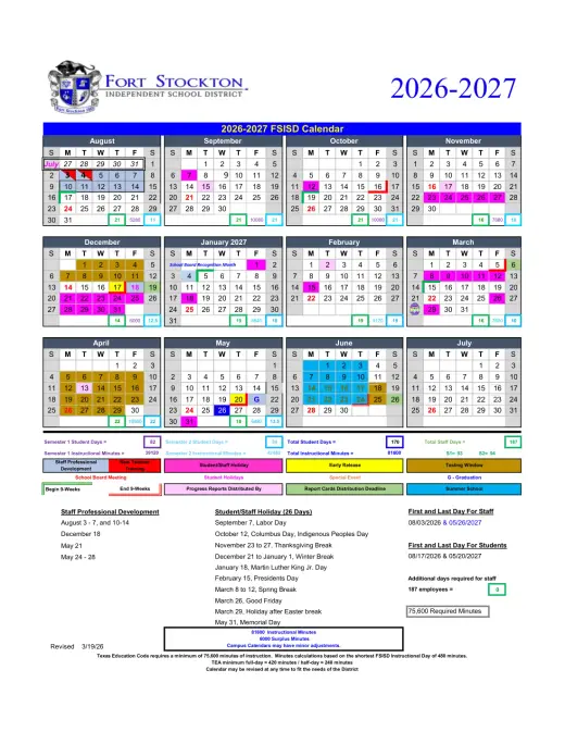Fort Stockton ISD 2026–2027 Academic Calendar Page 1