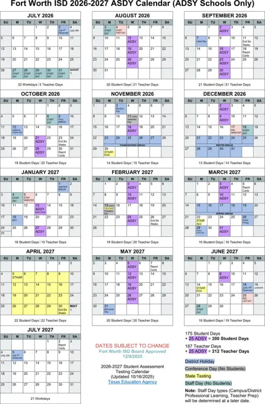Fort Worth Independent School District – ADSY Schools ISD School 2026-2027 Academic Calendar