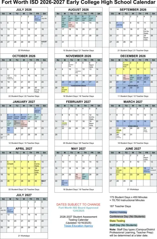 Fort Worth ISD Early College High School School 2026-2027 Academic Calendar
