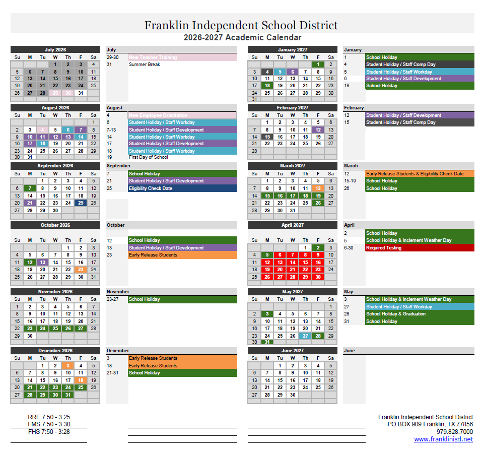 Franklin Independent School District 2026–2027 Academic Calendar Page 2