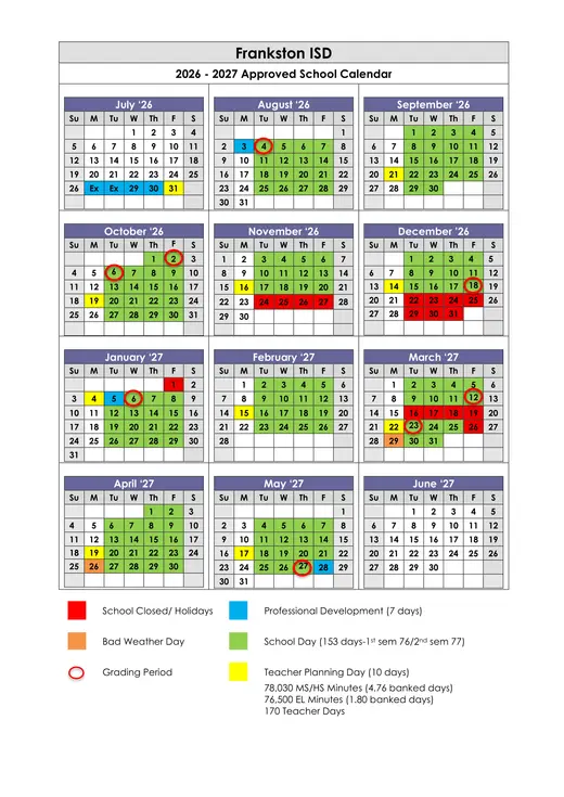 Frankston ISD 2026–2027 Academic Calendar Page 1