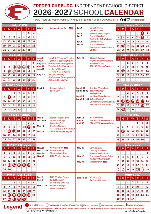 Fredericksburg Independent School District 2026–2027 Academic Calendar