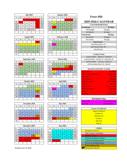 Freer ISD 2025–2026 Academic Calendar Page 1