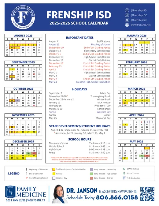 Frenship Independent School District 2025–2026 Academic Calendar
