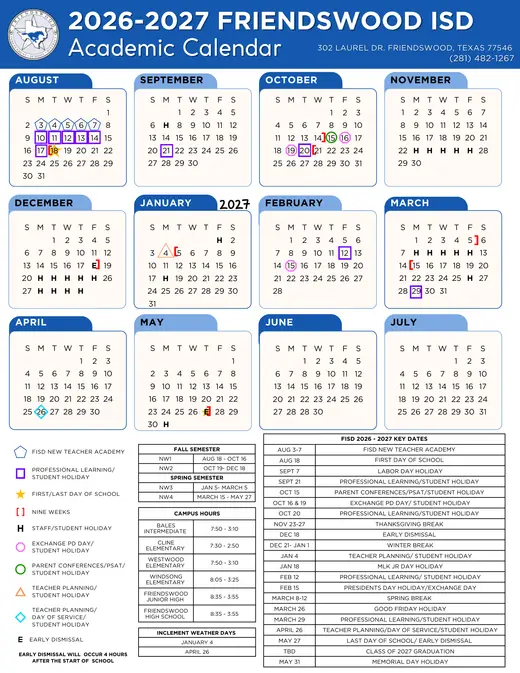 Friendswood ISD 2026–2027 Academic Calendar