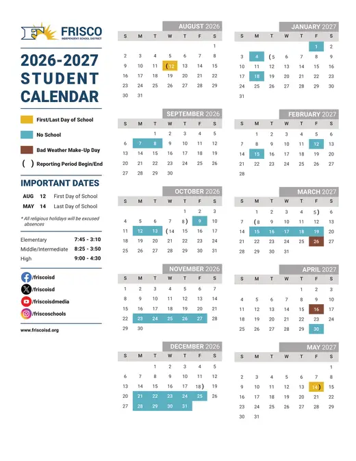 Frisco Independent School District 2026–2027 Academic Calendar