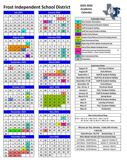 Frost ISD 2025–2026 Academic Calendar Page 1