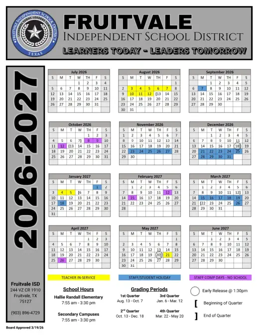 Fruitvale ISD 2026–2027 Academic Calendar Page 1