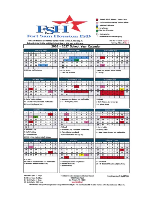 Ft Sam Houston ISD 2026–2027 Academic Calendar Page 1