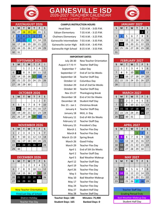 Gainesville ISD 2026–2027 Academic Calendar