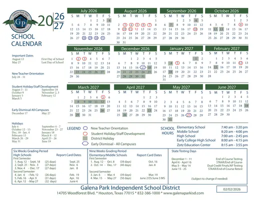 Galena Park Independent School District 2026–2027 Academic Calendar
