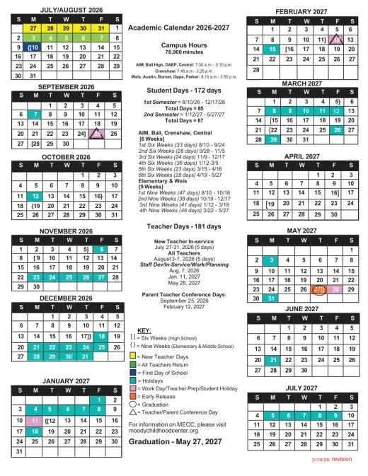 Galveston ISD 2026–2027 Academic Calendar Page 1