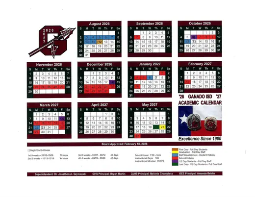 Ganado ISD 2026–2027 Academic Calendar Page 1