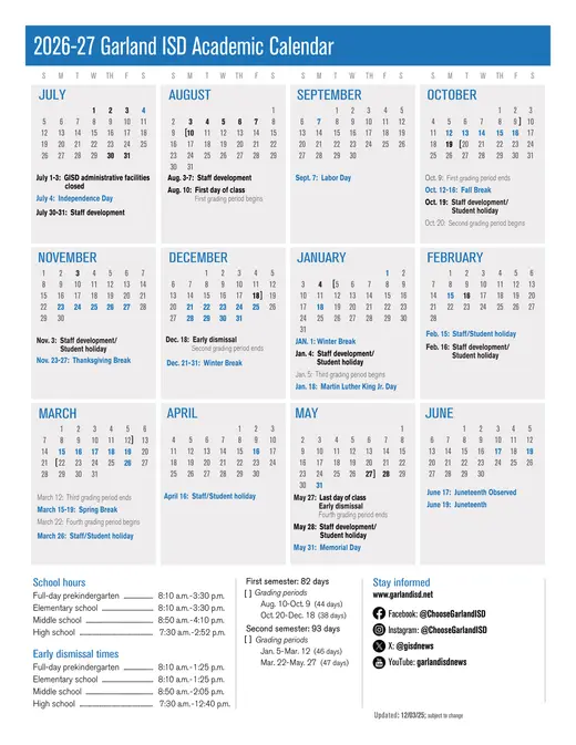 Garland Independent School District 2026–2027 Academic Calendar