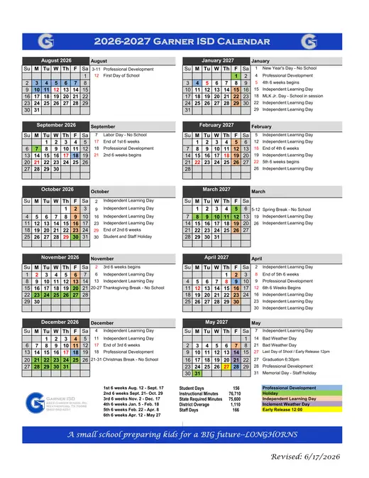 Garner ISD 2026–2027 Academic Calendar Page 1